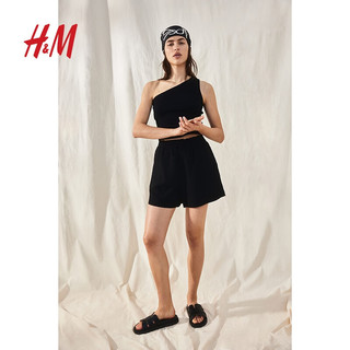 H&M女装裤子2024夏季宽松版型亚麻混纺直筒松紧短裤1222706 黑色 165/80 M