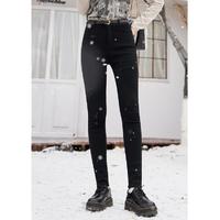谜秀 黑色加绒牛仔裤女冬季韩版高腰加厚弹力显瘦小脚裤
