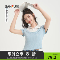 SANFU 三福 短T恤2024夏季刺绣装饰假两件翻领短款上衣女装484593 粉蓝 160/84A/S