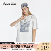 古由卡（GUUKA）HERO美式休闲创意图案短袖T恤女夏潮 复古水洗耐穿上衣百搭 白色 M