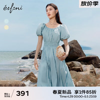 伊芙丽（eifini）伊芙丽水蓝色泡泡袖抽皱松紧腰显瘦连衣裙女2024夏装法式裙子 蓝色 165/88A/L