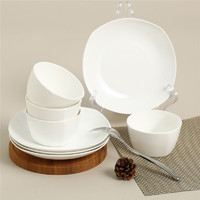 SKYTOP 斯凯绨 餐具套装碗盘碟陶瓷骨瓷纯白8头方形
