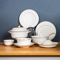福恩世 轻奢骨瓷餐具套装碗盘家用48头成套餐具金边现代简约中式碗盘子