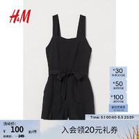 H&M女装连体裤早春法式梭织方领宽肩带中腰连身短裤0972590 黑色 170/100