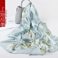 上海故事真丝丝巾女100%桑蚕丝纱巾春夏高档披肩母亲节 玉蝶春叶 浅蓝