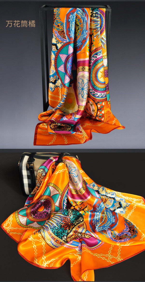 上海故事100%真丝丝巾女母亲节桑蚕丝围巾 皮扣花桔