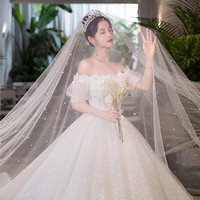 红妆饰佳婚纱2024新娘主纱重工奢华气质一字肩宫廷风出门纱拖尾 浅香槟齐地 M