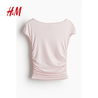 H&M女装T恤2024夏季女士纯色修身一字领碎褶盖袖上衣1221247 浅粉色 165/96