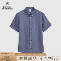 布克兄弟（BrooksBrothers）男士24春夏亚麻修身扣结领休闲衬衫 4002-深蓝色 S