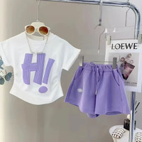 WEIMIYA 薇靡雅 中大童洋气T恤短裤两件套儿童新款运动套装 紫色 140cm