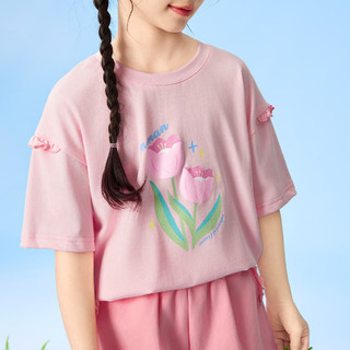 茵曼（INMAN）童装女童纯棉休闲套装2024夏季儿童中大童宽松透气短袖两件套 浅粉色 160cm