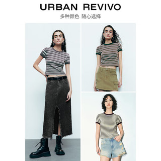 URBAN REVIVO 女士潮流休闲撞色条纹短款修身T恤衫 UWV440113 黑灰色条纹 M