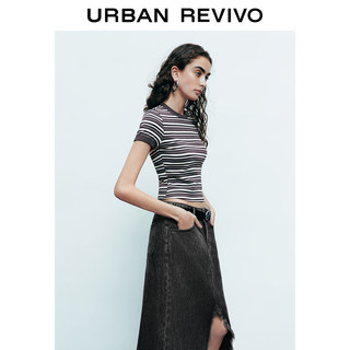 URBAN REVIVO 女士潮流休闲撞色条纹短款修身T恤衫 UWV440113 黑灰色条纹 M