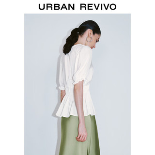 URBAN REVIVO 女士法式气质泡泡袖捏褶V领衬衫 UWG240100 本白 XL