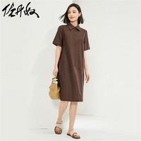 佐丹奴亚麻裙子女文艺棉麻压线口袋薄短袖衬衫连衣裙13464306 87酱棕 S
