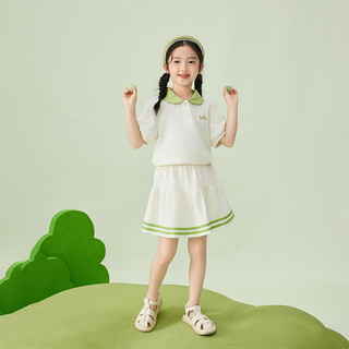 茵曼童装女童休闲套装polo领2024夏季儿童字母刺绣短袖半裙两件套 白色 110cm