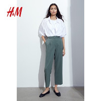 H&M 女装裤子新款时尚休闲气质松紧高腰直筒西裤1175599 深绿色