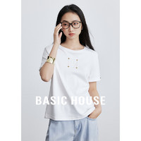 百家好（Basic House）刺绣笑脸白色T恤短袖女宽松圆领卷边打底衫夏B0624H5R702 云朵白 L