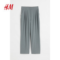 H&M 女装西装裤春季纯色通勤简约高腰直筒阔腿裤正装1089235 灰绿色