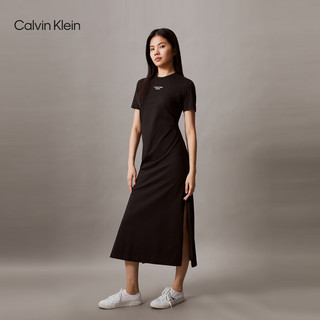 Calvin Klein Jeans24春夏女士休闲开叉纯棉针织圆领T恤连衣裙ZW02584 BEH-太空黑 S