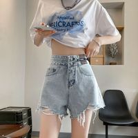 勋狸粑毛边牛仔短裤女夏季高腰显瘦薄款宽松a字阔腿热裤子女 浅色【磨破纽扣】高质量 L:【96-110】