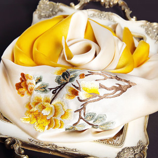 杭丝路苏绣丝巾真丝女母亲节桑蚕丝披肩围巾礼盒 苏绣牡丹-金色