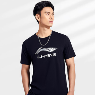 李宁（LI-NING）短袖t恤男夏款潮流印花款半袖圆领宽松休闲透气纯棉运动T恤 潮流款黑【纯棉面料+大LOGO】 L/175