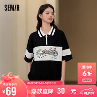 森马（Semir）POLO衫女中长款拼色字母学院风衣服夏宽松套头衫女生101323115007 黑色调00399