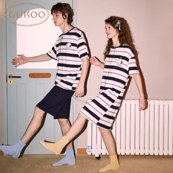 GUKOO 果殼 情侶夏季史努比系列條紋睡裙可外穿 M女