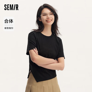 森马（Semir）森柔棉短袖T恤女短款小心机显瘦2024夏纯棉上衣 黑色90001 170/92A/XL