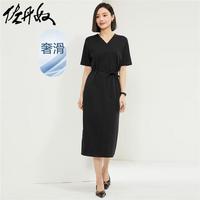 佐丹奴裙子女装纯棉双面布针织绑带破骨V领连衣裙 05464470 09标志黑 L