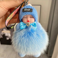 车达品 真狐狸毛球挂件毛绒公仔睡眠娃娃宝宝汽车钥匙扣包包挂饰 湖蓝