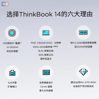 ThinkPad笔记本电脑联想ThinkBook 14 酷睿版 2024 14英寸小商用办公游戏娱乐女士轻薄便携本 ：i5-13500H 32G内存 2T固态 人脸识别 背光键盘