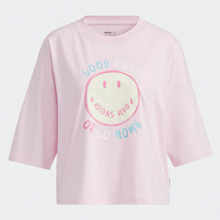 阿迪达斯neo运动T恤女短袖2021夏季粉色圆领笑脸半袖H61981 H61981 S