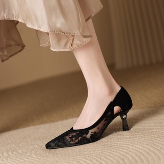 B5 BY BLOCCO5 透气网纱凉鞋2024年女新款百搭韩系夏季尖头气质高跟鞋女细跟