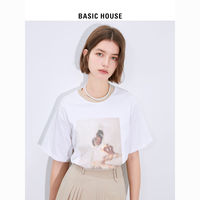 BASICHOUSE 百家好 Basic House/百家好白色短袖T恤女2023夏季港式清新印花设计感