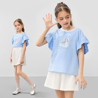迪士尼童装女童甜美风小飞袖短袖套装2024年夏季儿童宝宝洋气两件套 梦幻蓝 130