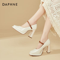 DAPHNE 达芙妮 超高跟鞋女法式气质一字式扣带方头粗跟单鞋女4623101118 米色36