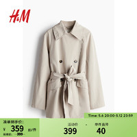 H&M女装风衣2024春季梭织宽松版型双排扣短款系带外套1202821 褐色 S/P