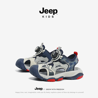 Jeep儿童夏季凉鞋男童镂空透气女童鞋包头2024中大童纽扣鞋子 深蓝红 28码 鞋内长约18.1cm