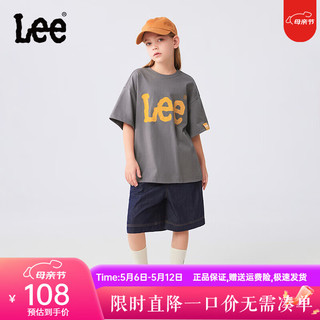 Lee儿童圆领短袖T恤2024夏季男女童纯棉印花舒适宽松上衣童装 碳灰色 160cm