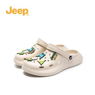 Jeep 吉普 厚底洞洞鞋女夏季款情侣防滑沙滩凉鞋踩屎感外穿包 米白色 38