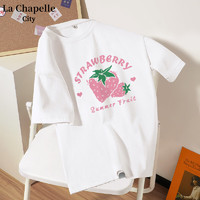La Chapelle City拉夏贝尔纯棉白色短袖t恤女春2024草莓印花宽松百搭上衣女 白-草莓 M