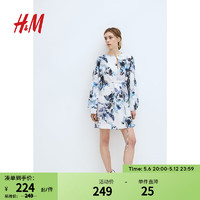 H&M女装连衣裙2024夏季A字系带优雅气质长袖圆领短裙1225725 白色/蓝色花卉 165/96 M