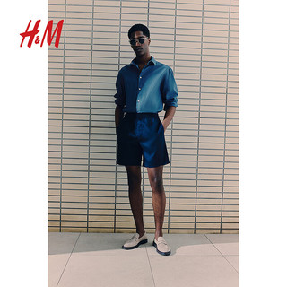 H&M男装衬衫2024夏季棉麻条纹法式垂坠透气长袖衬衣1213473 深蓝色 175/100