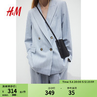 H&M女装西装2024春季亚麻大廓形双排扣细条纹休闲外套1221905 浅灰蓝色/细条纹 165/96 M