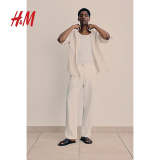 H&M男装衬衫2024夏季休闲时尚透气亚麻翻折领长袖上衣1127523 浅蓝色 175/100