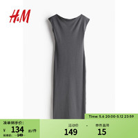 H&M2024夏季女装一字领汗布连衣裙1235653 深灰色 155/80