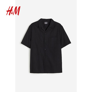 H&M男装衬衫2024夏季日系亚麻混纺复古简约风休闲上衣0965257 黑色 175/108 L