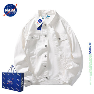 NASA LIKE潮牌牛仔外套男秋春季美式复古休闲夹克工装上衣服牛仔衣 白色 XL  120-140斤